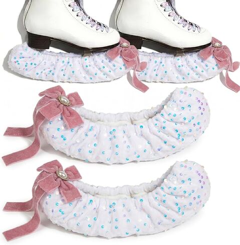 Ice Skate Soakers 1 Pair Thickened Plush Blade Covers with Sequins & Pearl Bow, Extra 35g Padding, Soft Absorbent Lining, Fits Figure & Hockey Skates up to 12 inch for Girls in Kuwait