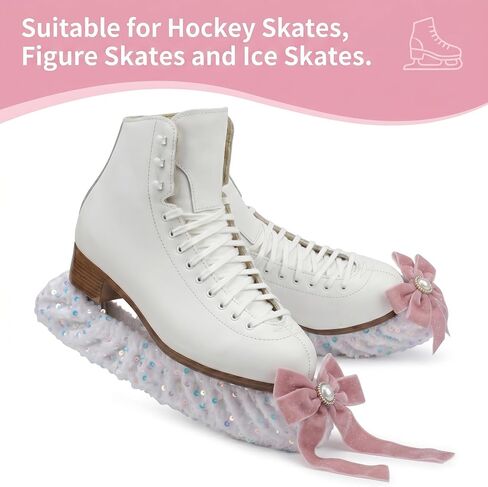 Ice Skate Soakers 1 Pair Thickened Plush Blade Covers with Sequins & Pearl Bow, Extra 35g Padding, Soft Absorbent Lining, Fits Figure & Hockey Skates up to 12 inch for Girls in Kuwait