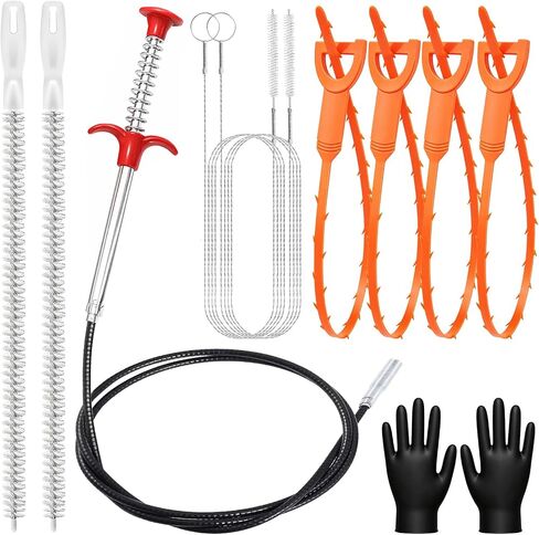10PCS Drain Snake Kit, 63" Heavy Duty Plumbing Auger, 60" Sink Snake Brush, 20" Clog Remover, 18" Cleaning Brush with Gloves, Pipe Cleaner for Kitchen Sink, Bathtub, Toilet, Sewer Drainage in Kuwait