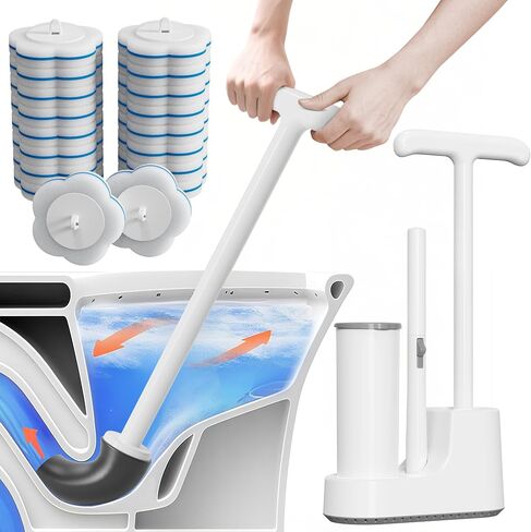 مجموعة فرشاة مرحاض ومكبس للاستعمال مرة واحدة، مكبس مرحاض بمقبض مزدوج، مجموعة تنظيف الحمام الكل في 1 مع عبوات 18 قطعة، وعصا تنظيف المرحاض وحامل جيد التهوية (أبيض) in Kuwait