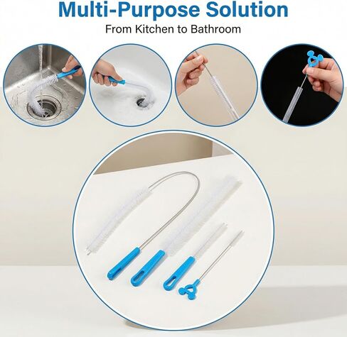 Flexible Drain Cleaning Brush Set, Long Pipe Cleaner for Kitchen Sink, Shower, Tub Hair Clogs, White, 4 Pack in Kuwait