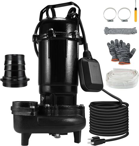 1HP Sewage Grinder Sump Pump, Cast Iron Submersible Effluen Pumps 110V 6400GPH with Auto Float Switch and Adapter for Basement, Sump Basin, Residential Sewage, 2" NPT Discharge in Kuwait