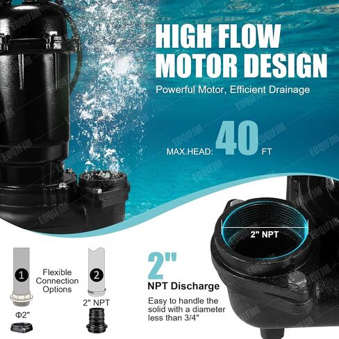 1HP Sewage Grinder Sump Pump, Cast Iron Submersible Effluen Pumps 110V 6400GPH with Auto Float Switch and Adapter for Basement, Sump Basin, Residential Sewage, 2" NPT Discharge in Kuwait