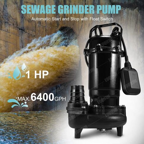 1HP Sewage Grinder Sump Pump, Cast Iron Submersible Effluen Pumps 110V 6400GPH with Auto Float Switch and Adapter for Basement, Sump Basin, Residential Sewage, 2" NPT Discharge in Kuwait