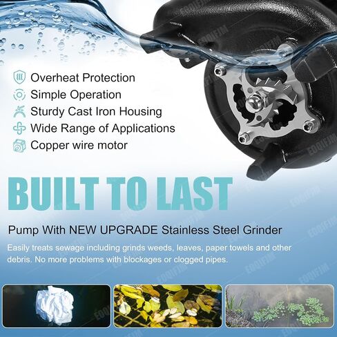 1HP Sewage Grinder Sump Pump, Cast Iron Submersible Effluen Pumps 110V 6400GPH with Auto Float Switch and Adapter for Basement, Sump Basin, Residential Sewage, 2" NPT Discharge in Kuwait