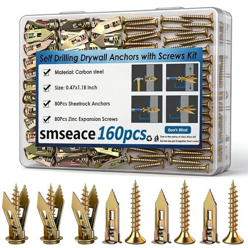 smseace 160 قطعة مرساة للجدران الجافة ذاتية الحفر مع براغي، 80 قطعة 0.47 × 1.18 بوصة مرساة شديدة التحمل للجدار، 80 قطعة براغي توسيع لتعليق إطارات الصور والستائر والنباتات والساعات in Kuwait
