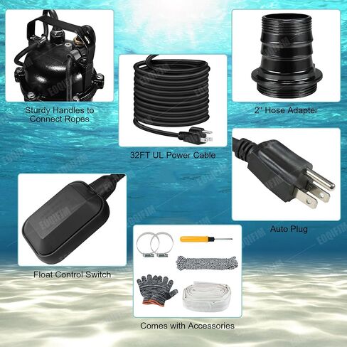 1HP Sewage Grinder Sump Pump, Cast Iron Submersible Effluen Pumps 110V 6400GPH with Auto Float Switch and Adapter for Basement, Sump Basin, Residential Sewage, 2" NPT Discharge in Kuwait