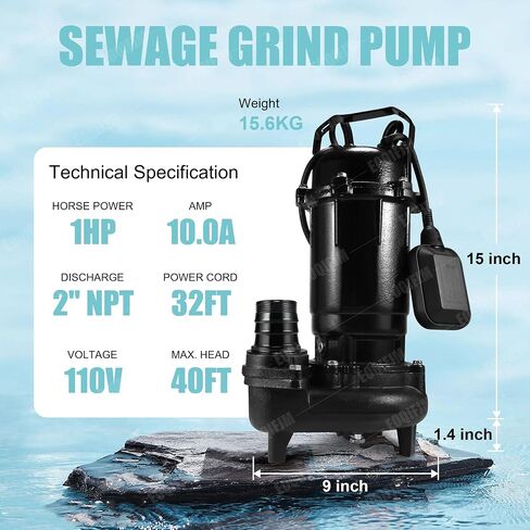 1HP Sewage Grinder Sump Pump, Cast Iron Submersible Effluen Pumps 110V 6400GPH with Auto Float Switch and Adapter for Basement, Sump Basin, Residential Sewage, 2" NPT Discharge in Kuwait