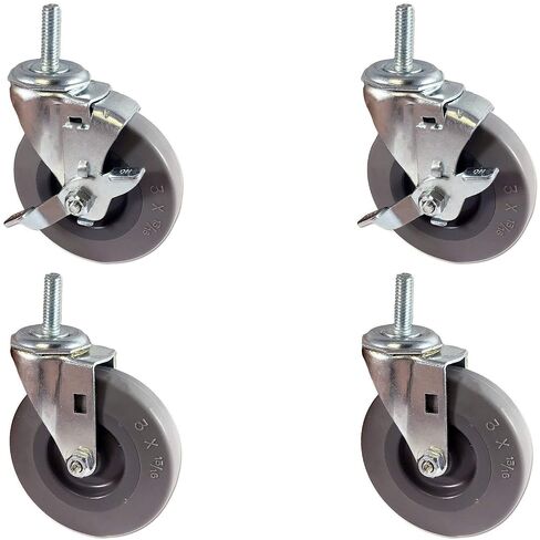 CasterHQ - Set of 4 Stem Casters with 5/16" x 1" Long Threaded Stem - 2 Swivels with Brakes and 2 Plain Swivels - Gray Non-Marking Thermo Rubber Wheel - 3" Diameter Wheels - (4 Pack) in Kuwait