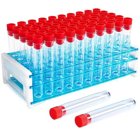 50 Pcs 16 x 100 mm Clear Plastic Test Tubes with Caps and Rack, 12 ml Laboratory Tubes and Holder Set for Science Experiments, Classroom, Nurse Graduation Decor, and Halloween Party Favors in Kuwait