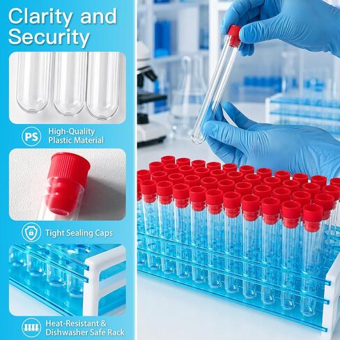 50 Pcs 16 x 100 mm Clear Plastic Test Tubes with Caps and Rack, 12 ml Laboratory Tubes and Holder Set for Science Experiments, Classroom, Nurse Graduation Decor, and Halloween Party Favors in Kuwait