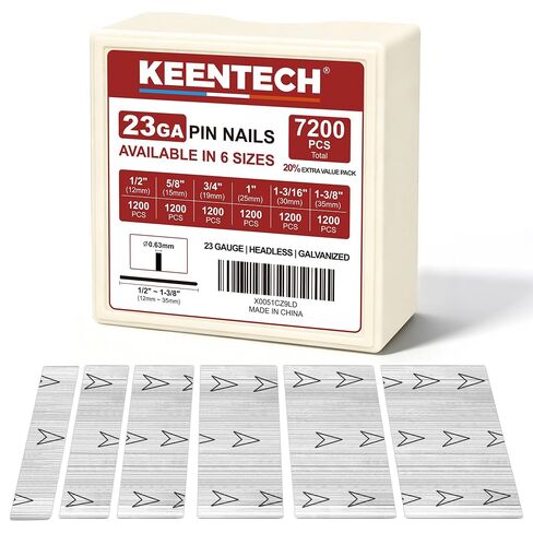 KEENTECH 23 Gauge Pin Nails, Assorted 6 Sizes (1/2", 5/8", 3/4", 1", 1-3/16", 1-3/8"), 7200 Pcs, Galvanized 23GA Pins, Anti-Rust & Ultra Low Jam Rate for Pin Nailer, Ideal for Fine Wood & Trim Work in Kuwait