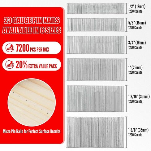 KEENTECH 23 Gauge Pin Nails, Assorted 6 Sizes (1/2", 5/8", 3/4", 1", 1-3/16", 1-3/8"), 7200 Pcs, Galvanized 23GA Pins, Anti-Rust & Ultra Low Jam Rate for Pin Nailer, Ideal for Fine Wood & Trim Work in Kuwait