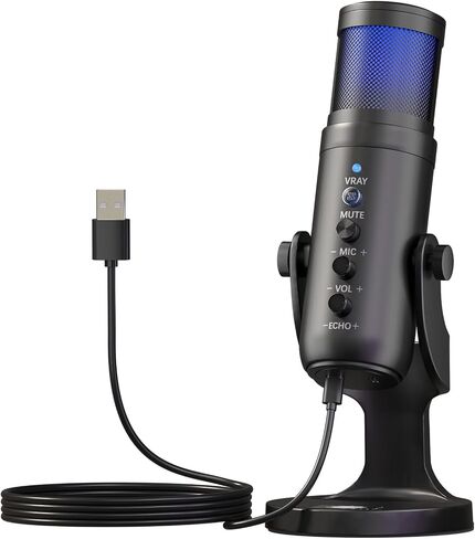 USB Podcast Microphone, One-Click Noise Cancelling & Mute, Volume Control, Plug & Play Custom RGB, 3.5mm Headphone Jack, with PC Laptop Perfect for Recording Podcasting in Kuwait