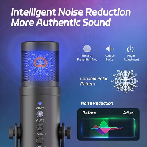 USB Podcast Microphone, One-Click Noise Cancelling & Mute, Volume Control, Plug & Play Custom RGB, 3.5mm Headphone Jack, with PC Laptop Perfect for Recording Podcasting in Kuwait