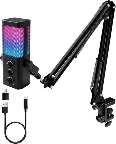 VCOM USB Microphone for PC,Condenser Dynamic Boom Arm Mic for Podcasting,Streaming, with Monitoring Headphone 3.5mm Jack,Quick Mute,RGB Indicator,Shock Mount,Rotate gain Button,Black in Saudi Arabia