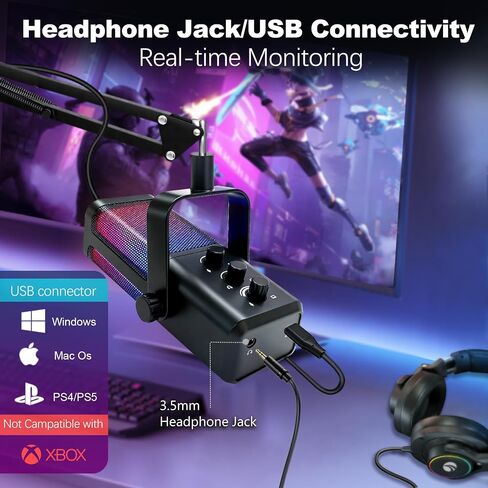 VCOM USB Microphone for PC,Condenser Dynamic Boom Arm Mic for Podcasting,Streaming, with Monitoring Headphone 3.5mm Jack,Quick Mute,RGB Indicator,Shock Mount,Rotate gain Button,Black in Saudi Arabia