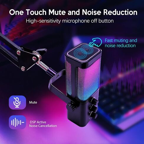 VCOM USB Microphone for PC,Condenser Dynamic Boom Arm Mic for Podcasting,Streaming, with Monitoring Headphone 3.5mm Jack,Quick Mute,RGB Indicator,Shock Mount,Rotate gain Button,Black in Saudi Arabia