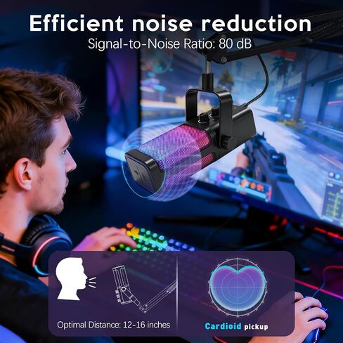 VCOM USB Microphone for PC,Condenser Dynamic Boom Arm Mic for Podcasting,Streaming, with Monitoring Headphone 3.5mm Jack,Quick Mute,RGB Indicator,Shock Mount,Rotate gain Button,Black in Saudi Arabia