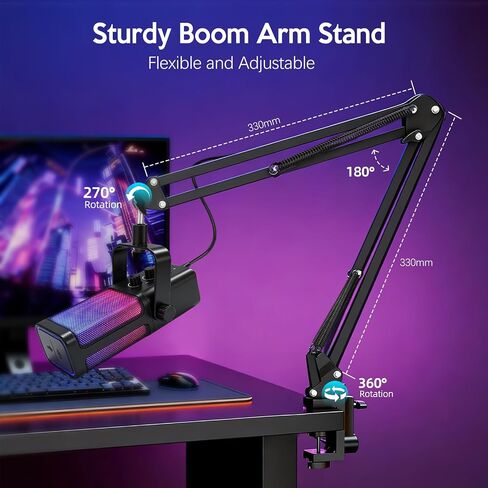 VCOM USB Microphone for PC,Condenser Dynamic Boom Arm Mic for Podcasting,Streaming, with Monitoring Headphone 3.5mm Jack,Quick Mute,RGB Indicator,Shock Mount,Rotate gain Button,Black in Saudi Arabia