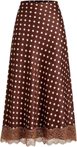 Makemechic Women's Polka Dots Midi Skirt Satin عتيقة قلم رصاص أنيقة الحرير الطويل in Kuwait