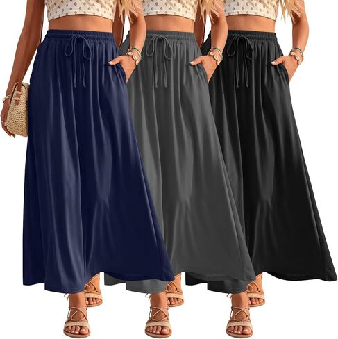 Ficerd 3 Pack Women's Maxi Long Skirts, Ankle Length a Line Elastic High Waist Summer Casual Drawstring Skirts with Pockets in Saudi Arabia