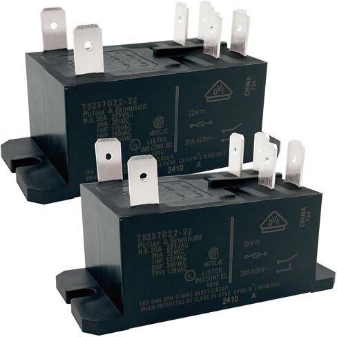 مرحل الطاقة T92S7D22-22 (عبوة من قطعتين)، 6 دبابيس DPST-NO 30A 277VAC، ملف 22VDC، متوافق مع لوحات التحكم في مكثف HVAC، بديل لسلسلة Potter & Brumfield T92، الإصلاح الصناعي والتيار المتردد in Kuwait