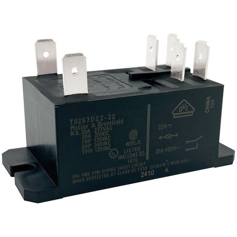مرحل الطاقة T92S7D22-22 (عبوة من قطعتين)، 6 دبابيس DPST-NO 30A 277VAC، ملف 22VDC، متوافق مع لوحات التحكم في مكثف HVAC، بديل لسلسلة Potter & Brumfield T92، الإصلاح الصناعي والتيار المتردد in Kuwait