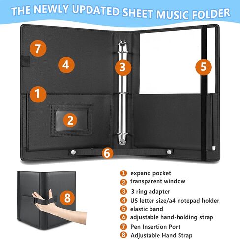 AiDor PU Leather Choir Music Folder, 3 Ring Black Binder with Adjustable Band,Sheet Music Folder Fit Letter Size, for Choral Performances at Concerts in Kuwait