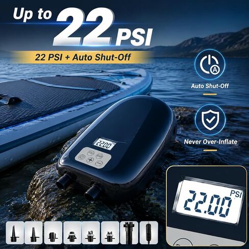 مضخة لوح التجديف الكهربائية المحمولة، مضخة كهربائية 22PSI SUP مع وظيفة الإيقاف التلقائي والتفريغ، ضاغط هواء مزدوج المرحلة مع موصل سيارة 12 فولت تيار مستمر لألواح التجديف، قوارب الكاياك، القوارب القابلة للنفخ in Kuwait
