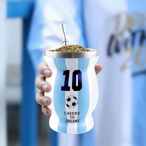مجموعة أكواب كابتن الأرجنتين رقم 10، هدايا كرة القدم الدولية لعام 2026، مجموعة أكواب يربا التقليدية مزدوجة الجدار من الفولاذ المقاوم للصدأ، ملعقة وقش وفرشاة تنظيف (عبوة من قطعتين) in Kuwait