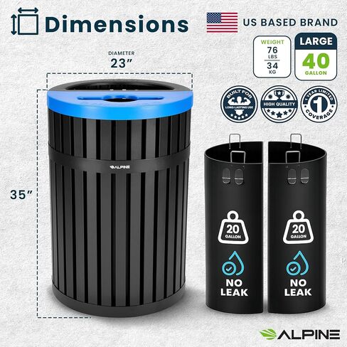 صندوق إعادة التدوير الداخلي التجاري سعة 40 جالونًا من Alpine ومجموعة سلة المهملات - صندوق قمامة فولاذي عالي التحمل ثنائي التدفق مع غطاء مقسم، وبطانات مزدوجة سعة 20 جالونًا in Kuwait