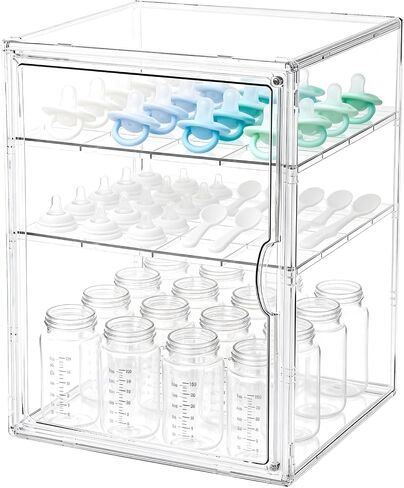 Baby Bottle Organizer, 3 Tiers Acrylic Bottle Storage Organizer Container, Clear Plastic Bottle Station Organizer with 2 Adjustable Dividers for Kitchen Countertop, Bathroom, Cabinet, Vanity in Kuwait