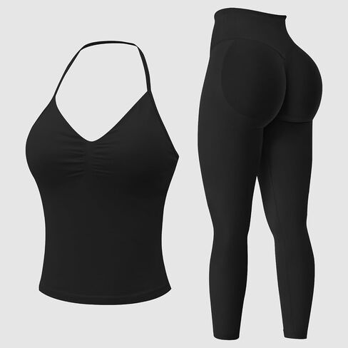Workout Sets for Women 2 Piece Seamless Longline Halter Backless Crop Top Hidden Scrunch Leggings Yoga Outfits Gym Tracksuit in Kuwait