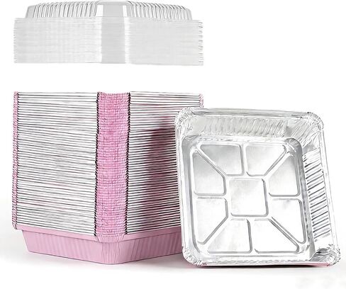 (40 Pack) 8x8 Square Aluminum Baking Cake Pans with Clear Lids - Pink Foil Pans with Lids - Disposable Food Containers Great for Cooking, Heating, Storing, Prepping Food in Kuwait