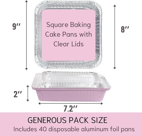 (40 Pack) 8x8 Square Aluminum Baking Cake Pans with Clear Lids - Pink Foil Pans with Lids - Disposable Food Containers Great for Cooking, Heating, Storing, Prepping Food in Kuwait