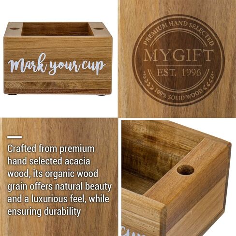 حامل أكواب الضيوف من الخشب الصلب من MyGift Premium Acacia مع فتحتين لأقلام التحديد وعلامة بيضاء مخطوطة على ملصق الكوب الخاص بك، وصينية موزع للطاولة لأكواب المشروبات للاستعمال مرة واحدة in Kuwait