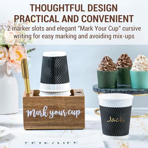 حامل أكواب الضيوف من الخشب الصلب من MyGift Premium Acacia مع فتحتين لأقلام التحديد وعلامة بيضاء مخطوطة على ملصق الكوب الخاص بك، وصينية موزع للطاولة لأكواب المشروبات للاستعمال مرة واحدة in Kuwait