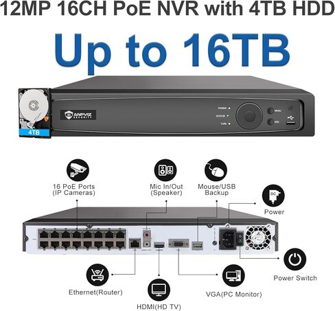نظام كاميرا أمان Anpviz 12MP 16CH PoE، 16 قناة NVR تجارية مع 4 تيرابايت HDD و8X12MP IP Turret كاميرات سلكية معدنية @ 10fps إضاءة مزدوجة ذكية، كشف المركبات البشرية AI، IP67 CCTV للأعمال in Kuwait