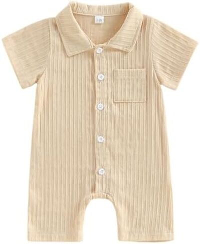 Baby Boy Romper with Collar Summer Button Down Cotton Jumpsuit | Newborn One Piece Outfit, Baby Boy Button Shirt Jumpsuit, Light Weight Summer Daily Wear, Casual Gentlement Short Romper in Saudi Arabia