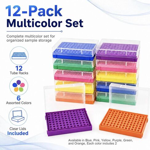 96-Well Tube Rack 12 Pack with Lid, 8x12 Lab Storage Racks Compatible with 0.2ml PCR Tubes, Multicolor Set for Sample Organization in Kuwait