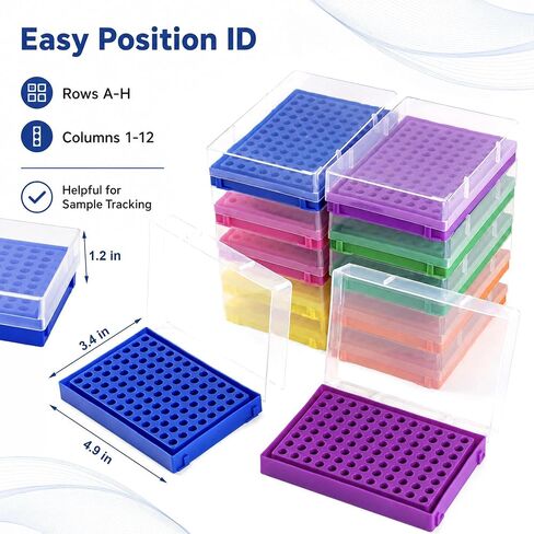 96-Well Tube Rack 12 Pack with Lid, 8x12 Lab Storage Racks Compatible with 0.2ml PCR Tubes, Multicolor Set for Sample Organization in Kuwait