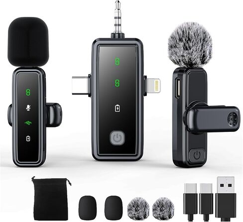 3 in 1 Wireless Lavalier Microphones for iPhone/Android/Camera, 2 Pack Mini Microphone LED Display Lapel Omnidirectional Mic with Mute/Reverb/Noise Reduction for TikTok/Podcast/Vlog Recording in Kuwait