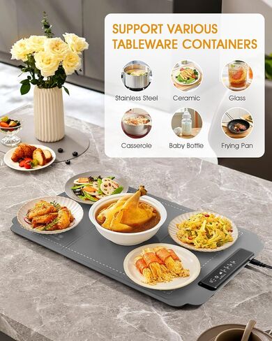 Food Warming Mat, Electric Food Warming Mat with 4 Temp Settings & 6H Timer, Portable & Rollable, Fast Full Surface Electric Warming Tray with Child Lock for Party and Daily Use (Grey) in Kuwait