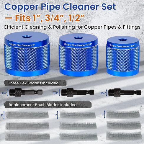 Copper Pipe Cleaner Set, Fits 1", 3/4", 1/2" Copper, Iron & Aluminum Pipes, Handheld or Drill Compatible, Metal Tube Cleaning Brushes with Replaceable Blades in Kuwait