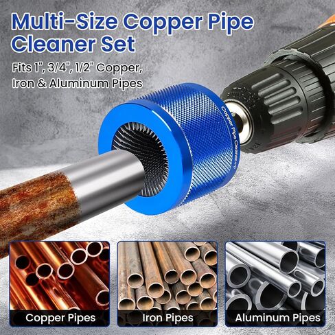 Copper Pipe Cleaner Set, Fits 1", 3/4", 1/2" Copper, Iron & Aluminum Pipes, Handheld or Drill Compatible, Metal Tube Cleaning Brushes with Replaceable Blades in Kuwait