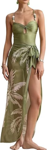 SherryDC Women One Piece Swimsuit with Mesh Sarong Wrap Skirt Cutout Bathing Suit with Tropical Beach Cover Up in Kuwait