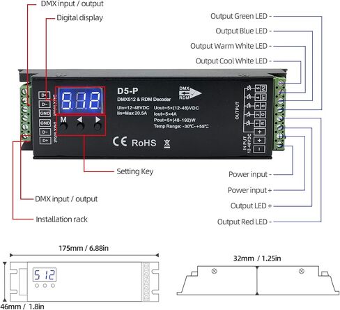 وحدة فك ترميز DMX بـ 5 قنوات مع شاشة رقمية RDM، وحدة تحكم DMX512 Dimmer Driver PWM RGBWW LED لـ RGBCCT أو RGBWW أو RGBW أو 5 شرائط إضاءة بيضاء وحدة إضاءة LED 12V-48VDC in Kuwait