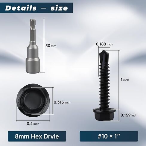 100 pcs #10 x 1 inch Self Drilling Hex Washer Head Sheet Metal Screws, 410 Stainless Steel, Black Coated, for HVAC Ductwork & Metal Roofing, Magnetic Bit Included in Kuwait