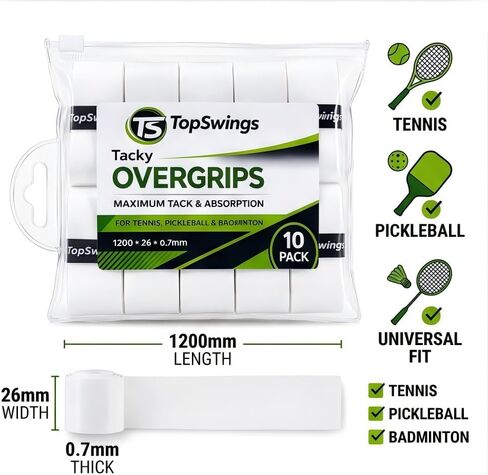 عبوة من 10 قطع من Tennis Overgrip، شريط قبضة مبتذل للتنس، كرة المخلل، مضارب الباديل وكرة الريشة، بولي يوريثان ناعم، مضاد للانزلاق، ماص للعرق، أبيض، 1200 × 26 × 0.7 مم in Kuwait